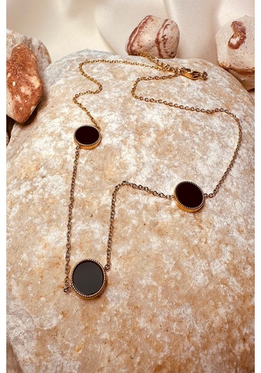 Tasarım Model Siyah Taşlı Şık Gold Altın Renk Kadın Paslanmaz Çelik Kolye