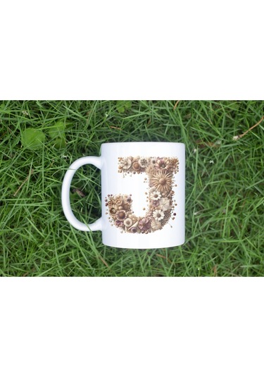 J Harfi Çiçek Desenli Kupa Bardak - Alfabe Harfleri İle Doğal Çiçekli Kupa - Hediye Fikir Beyaz