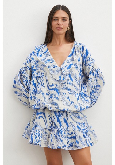 Uterpe Balon Kollu Fırfırlı Desenli Crop Bluz Mavi
