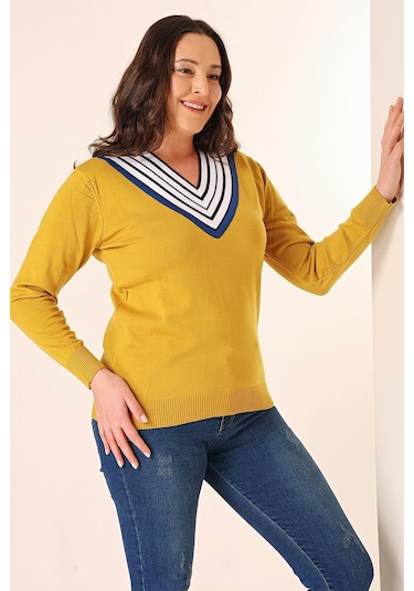 Şeritli V Yaka Büyük Beden Triko Kazak-35348-hardal Hardal