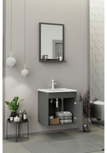 Biani Fix Arya 55 Cm Banyo Dolabı,Seramik Lavabolu, Aynalı,Lavabo Dahil,Mdf,Mat Gri Biani Fix Arya 55 Cm Banyo Dolabı,Seramik Lavabolu, Aynalı,Lavabo Dahil,Mdf,Mat Gri