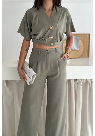 Düğme Detaylı İkili Takım Haki Haki