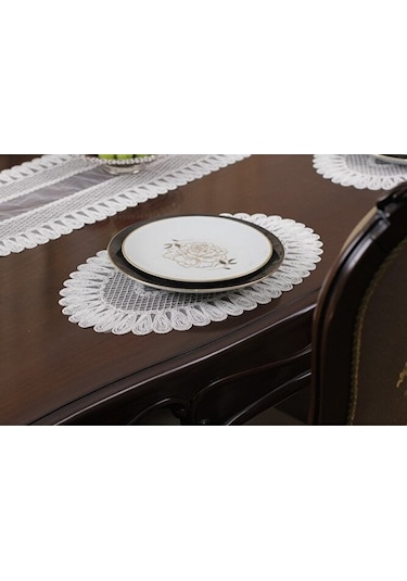 Amerikan Servis Supla Ve Runner Seti 8 Kişilik Set Nakışlı Vivien Bej