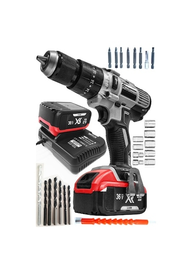 Bulldozer BPT-Redmax02 36V 5Ah Li-ion Çift Akülü Darbeli Matkap Vidalama + 27 Parça Set