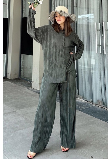 Kadın Koyu Yeşil Uzun Tunik Gömlek & Beli Lastikli, Bol Paça Pantolon - Salaş Bürümcük Takım Petrol
