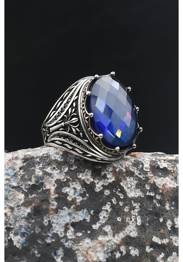 925 Ayar Gümüş Erkek Yüzük Lacivert Zirkon Taşlı 902016 Gümüş