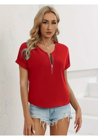 Ahes Shopping Kadın Kısa Kollu V Yaka Fermuarlı Salaş Sandy Bluz Kırmızı