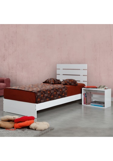 Pasifichome Huga Tek Kişilik Beyaz Ahşap Karyola Komodin Takım 100X200 Cm