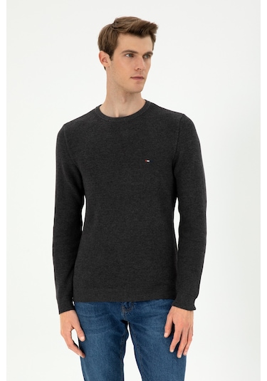 U.S. Polo Assn. Erkek Slim Fit Bisiklet Yaka Antrasit Melanj Basic Kazak 50298282-VR081