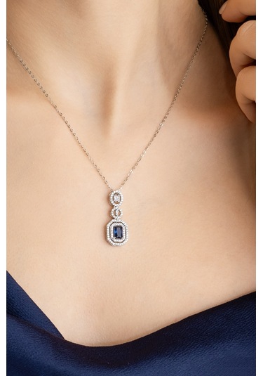 Safir Masalı 18 Ayar Beyaz Altın Kaplama 43 Cm Gümüş Baget Kolye