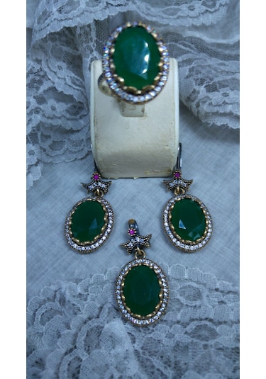 Otantik Zirkon Yeşil Taşlı Oval Set Bronz