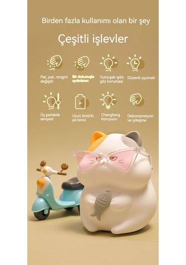 Yaratıcı Açgözlü Kedi Görseli Başucu Gece Lambası 035-1 Beyaz