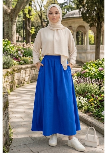 Bestenur Cepli Beli Lastikli Poplin Etek 1727 - Mavi Taba