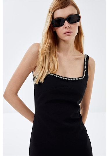 Siyah Kare Yaka Taş İşlemeli Mini Elbise-siyah Siyah