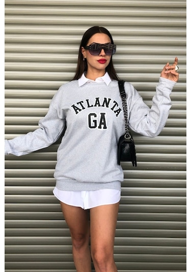 Modagen Gri Kadın Atlanta Baskılı Bisiklet Yaka Oversize Sweatshirt Gri