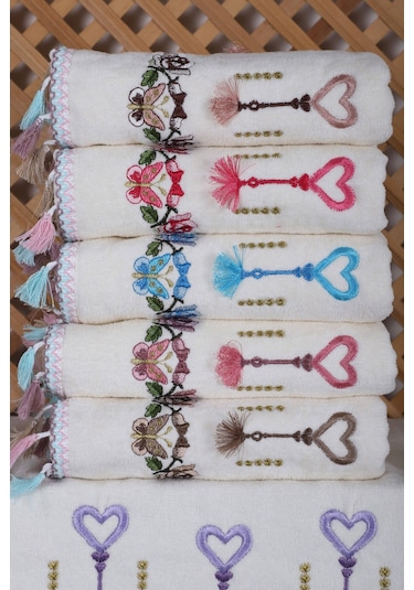 6 Lı Kalp Çiçek Nakışlı Mutfak Havlusu Püsküllü Hediyelik Çeyizlik Kalpli Mutfak Havlu Takımı 30 X 50 Cm 001