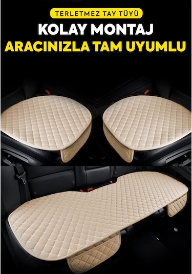 Tay Tüyü Cepli & Terletmez Oto Koltuk Minder Seti - Koltuk Koruma Kılıfı 3'lü Set Bej