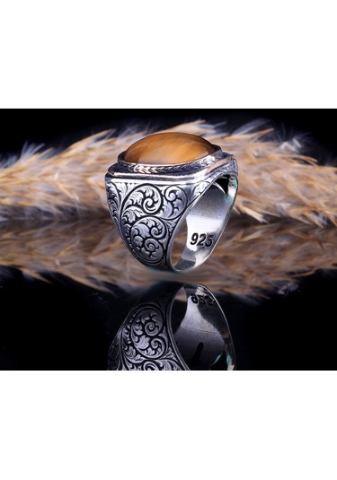 Kalem İşleme Motifli Kaplangözü Taşlı Gümüş Yüzük