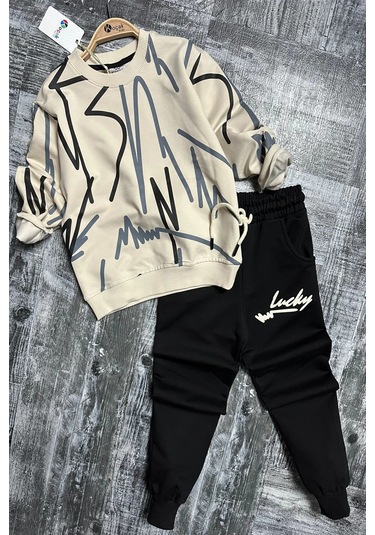 Çizgi Desenli Siyah Renk Erkek Çocuk Eşofman Takım Siyah