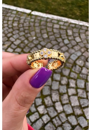 Marka Model Zirkon Çiçek Desenli Gold Yüzük - Ayarlanabilir Gold