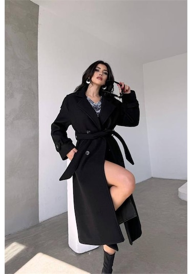 Neşeli Butik Kadın Siyah İthal Kumaş Kaşe Kaban Nbmylk26 Siyah