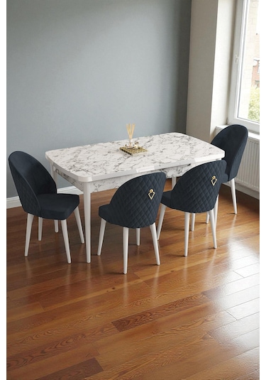 Mura Beyaz Mermer 80x132 Açılabilir Mdf Masa Yemek Odası Takımı, Mutfak Takımı 4 Adet Sandalye Antrasit