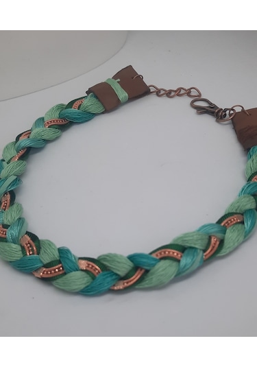 Yeşik Tonlarda Örgü Rose Gold Zincirli Bayan Kolye Çok Renkli