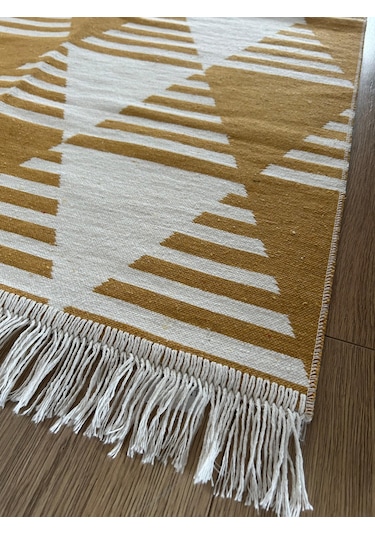 Hardal Geometrik Desenli Modern Kilim - Makinada Yıkanabilir Renkli