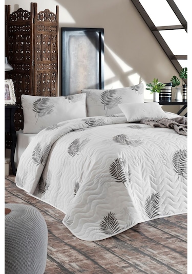 Enlora Home Kapitone Yatak Örtüsü Seti Çift Kişilik Palma Gri