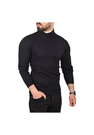 Deepsea Erkek Lacivert Çizgi Desenli Tüylenme Yapmayan Yarım Balıkçı Yaka Triko Kazak 2505501 Lacivert