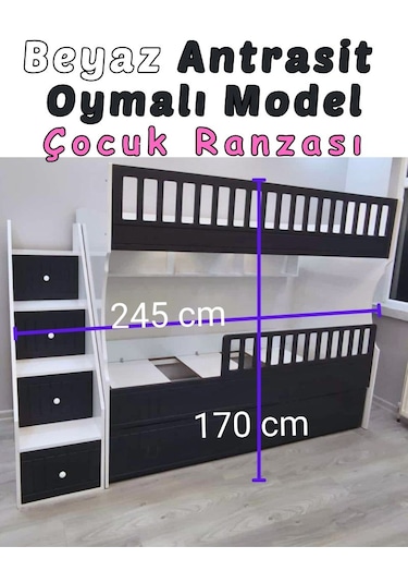 Beyaz Antrasit Oymalı Model Çocuk Ranzası