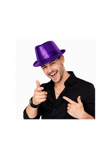 Mor Payetli Disco Parti Şapkası Yetişkin Işıltılı Fötr Model Diğer