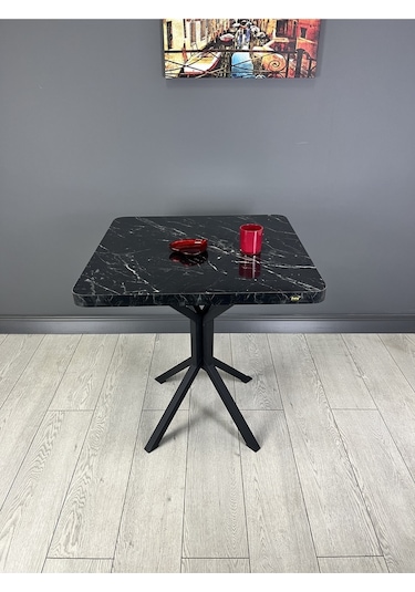 Tepe Siyah Mermer Mutfak Yemek Masası Balkon Masası Kavisli Köşe Siyah Ayak 70 Cm