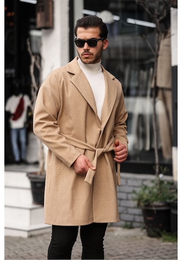 Mero Life Erkek Hardal Kemerli Oversize Rahat Kesim Kaşe Kaban HARDAL