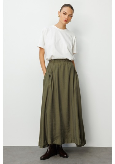 Mizalle Modal Karışımlı Haki Beli Lastikli Maksi Etek Haki