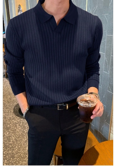 Cool Tarz Erkek Polo Yaka Triko Kazak Slim Fit Fitilli Lacivert