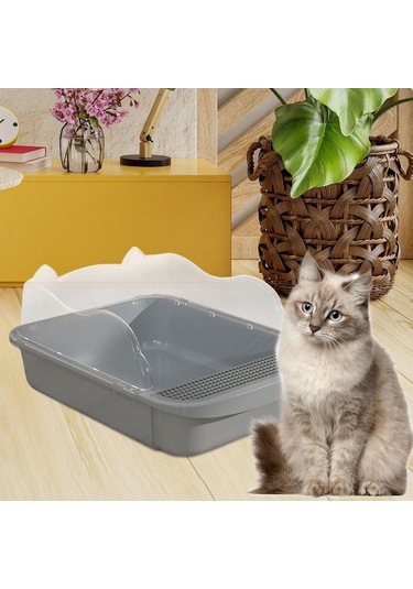 Suofeng Küçük Kedi Kumu Kavanozu - Yarı Kapalı Dışarı Dağılımı Engelliyor - Güncellenmiş Kulaklı Model Gri