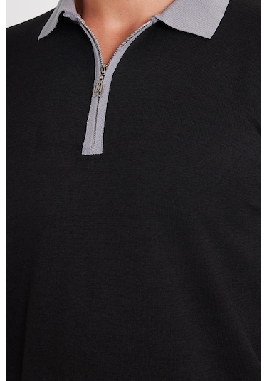 Erkek Standart Fit Uzun Kol Yarım Fermuarlı Polo Yaka Siyah Kazak-35798 Siyah