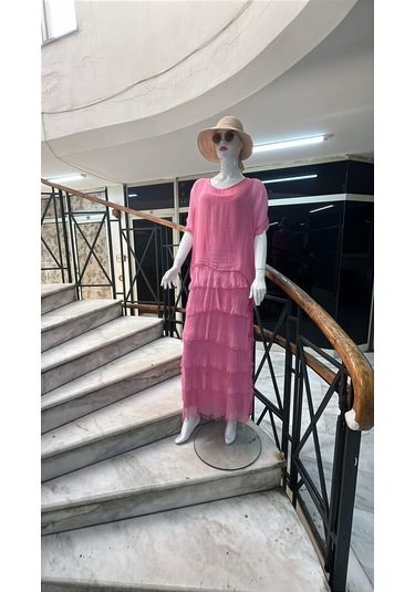 İtalyan 2 Beden Ince Gösteren Yarım Kol Kat Kat Ipek Elbise Pembe