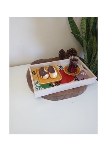 El Boyaması Desenli Ahşap Dikdörtgen Model Çay , Kahve , Söz Nişan Dekoratif Servis Sunum Tepsisi Çok Renkli