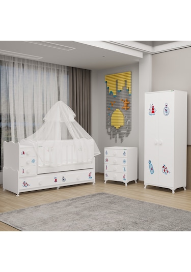 Melina Yıldız 2 Kapaklı Bebek Odası + Yatak + Uyku Seti - Denizci Beyaz