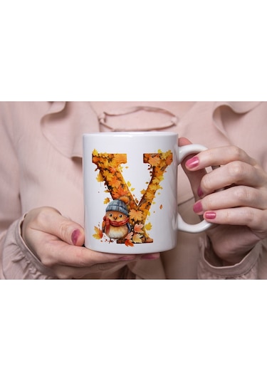 Y Harf Sonbahar Yaprak Temalı Kupa Bardak - Sevimli Figürler İle Alfabe Harfli Bardak - Kişiye Özel Beyaz