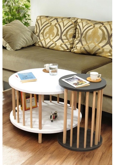 İkili Set Yuvarlak Orta Sehpa Ahşap Ayaklı Sehpa Iki Raflı Sehpa Dekoratif Sehpa Gazetelikli Beyaz - Antrasit