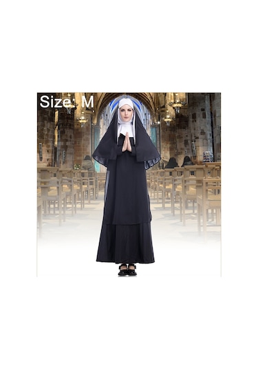 Cadılar Bayramı Kostüm Kadın Rahibe Misyoner Cosplay Giyim, Boyut: M, Göğüs: 100cm, Elbise Uzunluğu: 141cm, Omuz Genişliği: 39cm