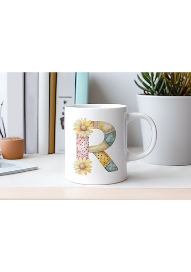 R Harfli Retro Çiçekli Kupa Bardak - Patchwork Tarz Yamalı Desenli İsme Özel Kupa - Hediye 07 Beyaz