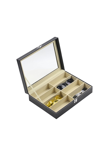 Ruicoo 8 Bölmeli Pu Deri Gözlük Kutusu - Cam Kapaklı Gösterimli Çift Katlı Gözlük Ve Saat Saklama Kutusu