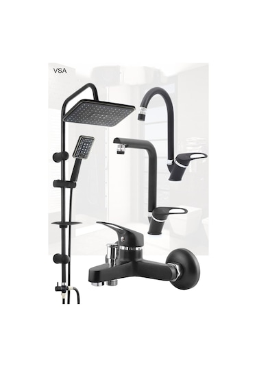 Mat Delta Siyah Robot Yağmurlama Tepe Duş Seti Banyo Lavabo Evye Batarya Seti Siyah