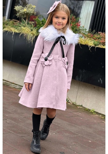 Riccotarz Kız Çocuk Kürk Yakalı Önü Çiçek Ve Elmas Taş Detaylı Pudra Kaşe Pudra