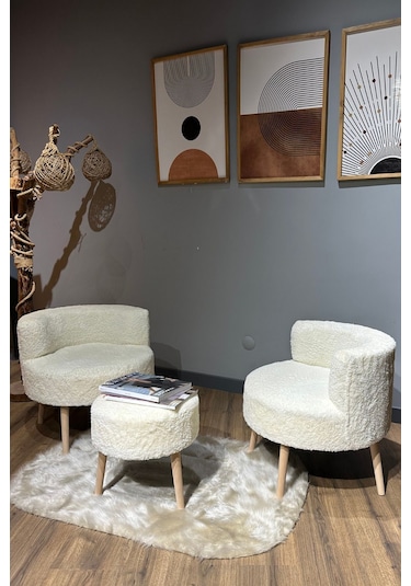 Elegant Comfort Çay Seti Ve Peluş Ikili Berjer & Puf Takımı - 3'lü Set