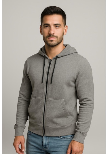 Axxel Erkek Gri 2 İplik Fermuarlı Kapüşonlu Sweatshirt-w1084 Gri